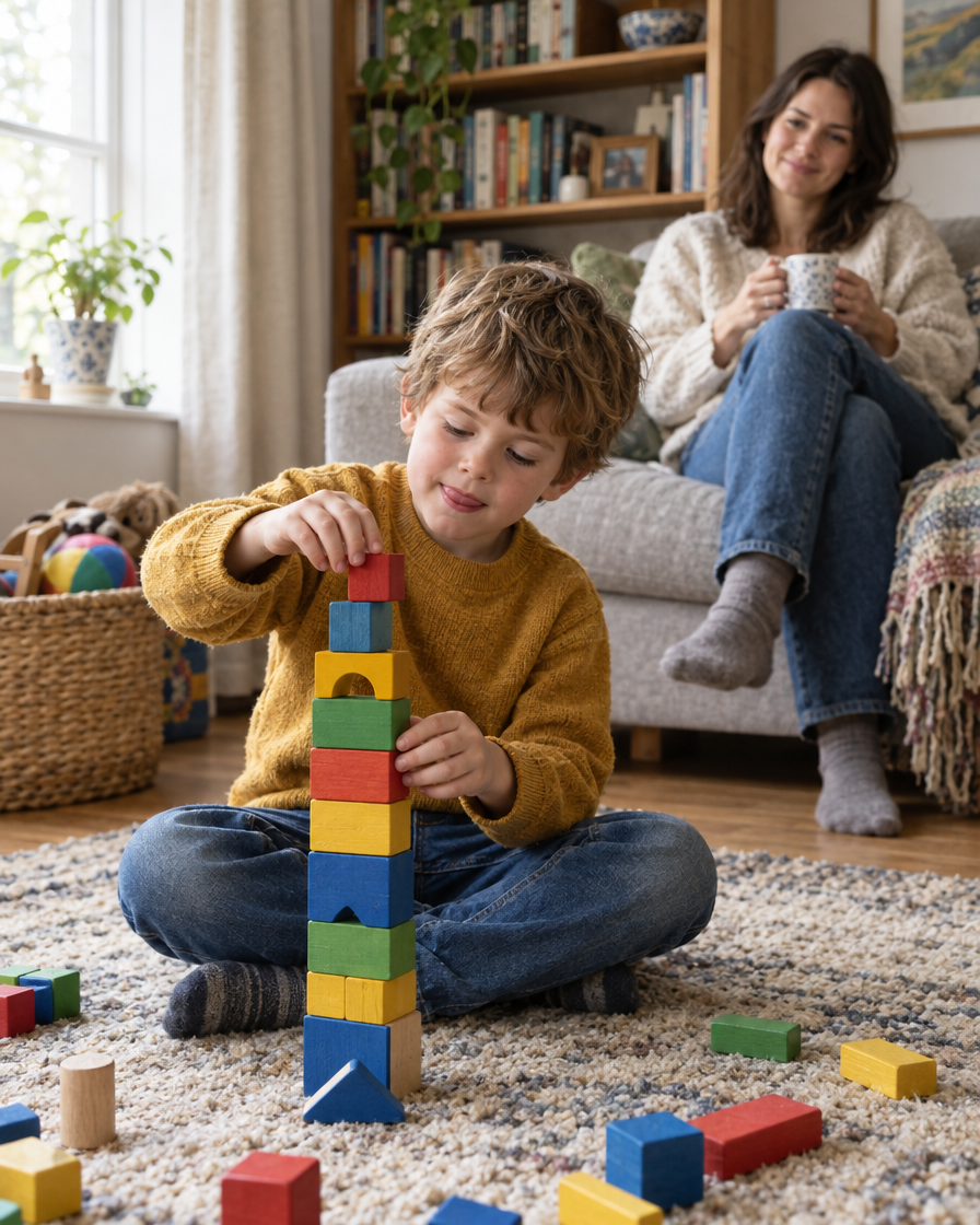 A young child building a tower of wooden blocks on the living room rug while mum watches from the sofa with a mug of tea
