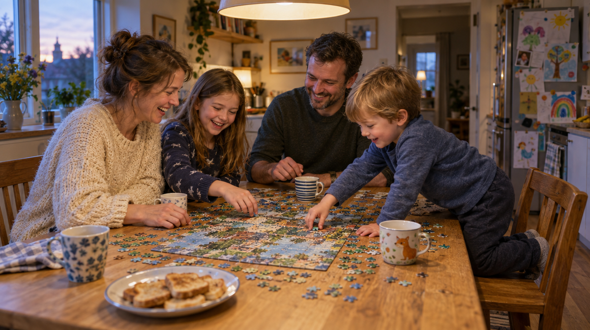 A family of four laughing over a jigsaw puzzle at the kitchen table in the evening