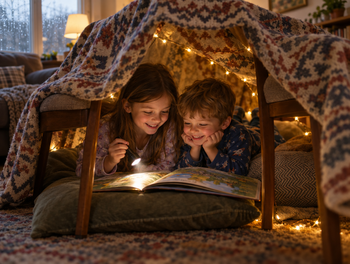 A brother and sister reading a picture book by torchlight inside a blanket den strung with fairy lights