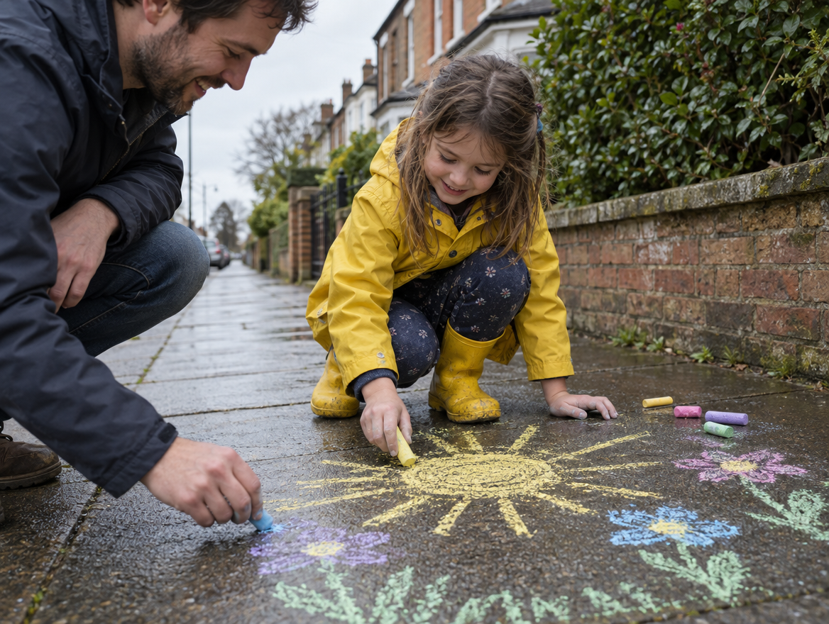 A girl in a yellow raincoat and wellies drawing a chalk sun on the pavement with her dad