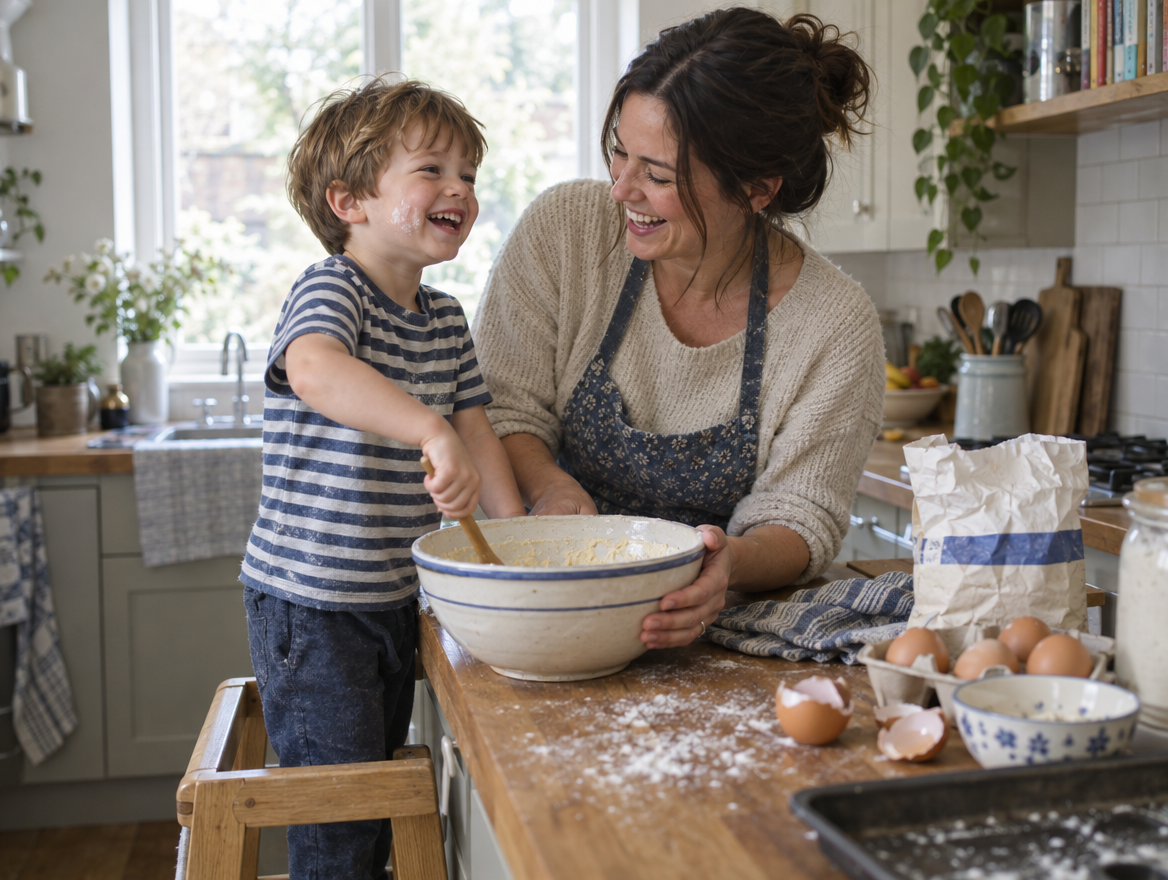 A little boy on a step stool stirring cake mixture and laughing with his mum, flour all over the worktop