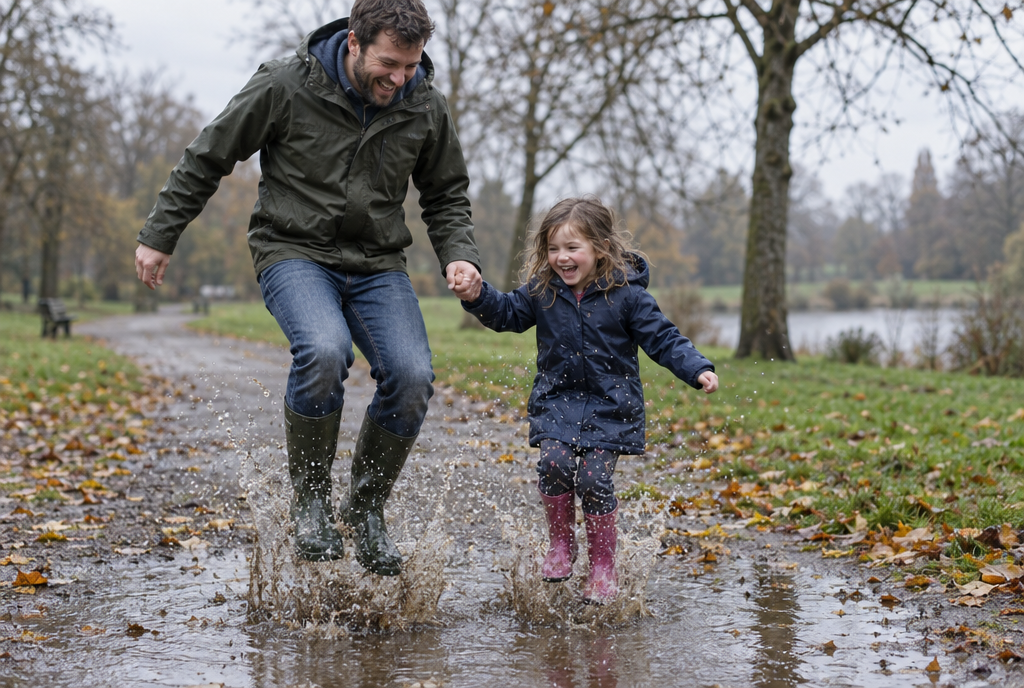 A dad and his young daughter in wellies jumping into a puddle in the park, both laughing
