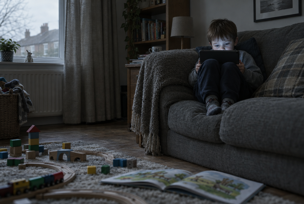 A small boy curled up on the sofa on a grey afternoon, lit by a tablet, with a train set and a picture book untouched on the rug