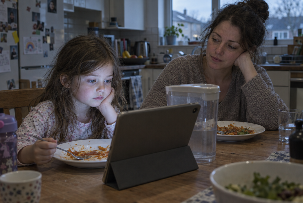 A girl staring at a tablet propped up at the dinner table, her pasta barely touched, while her mum looks on
