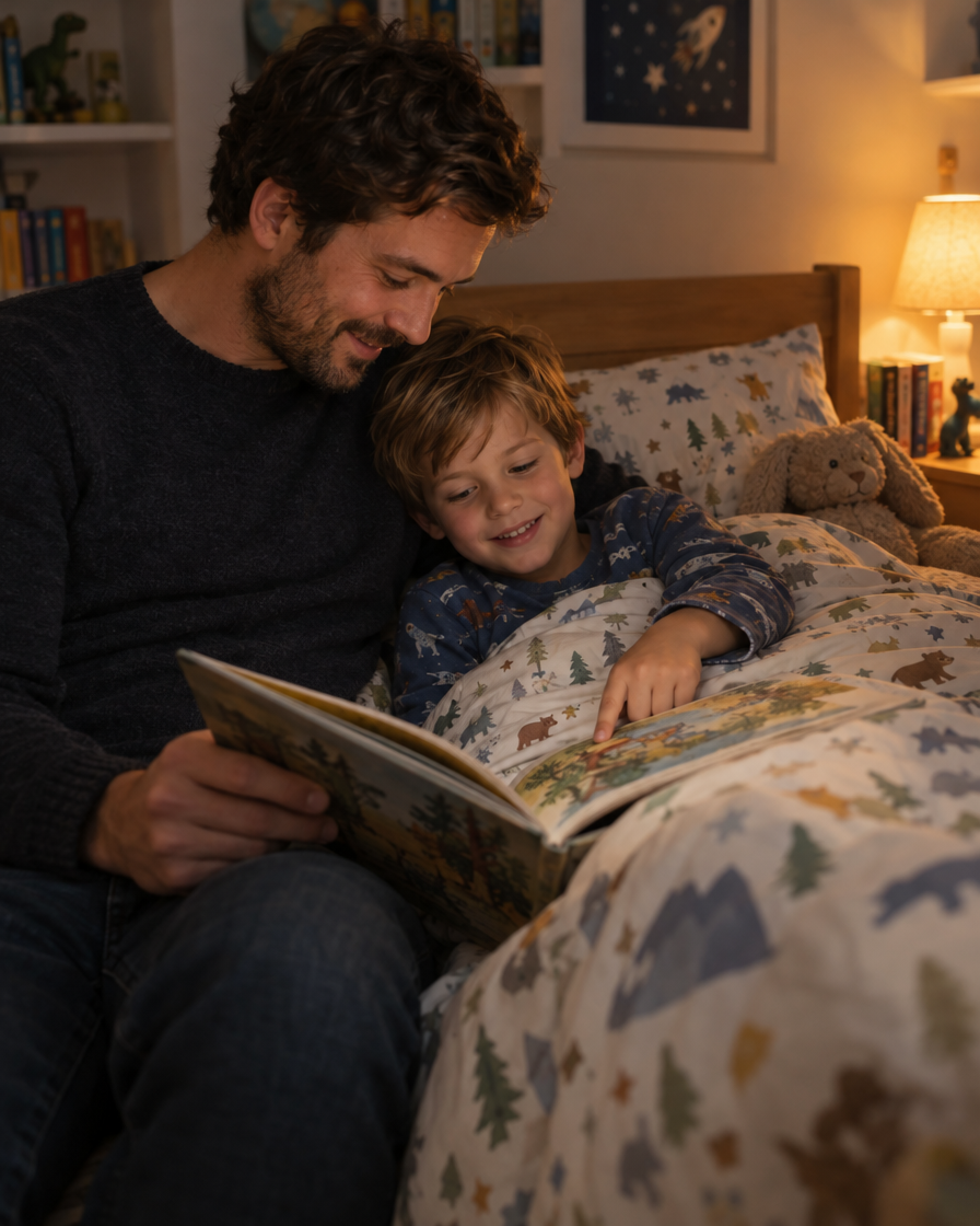 A dad reading a picture book to his son, who is tucked up in bed and pointing at the page